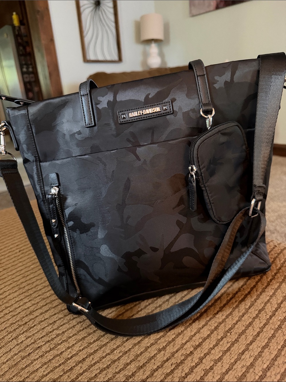 Harley-Davidson Black Tonal Camo Tote Bag with Removable Pouch